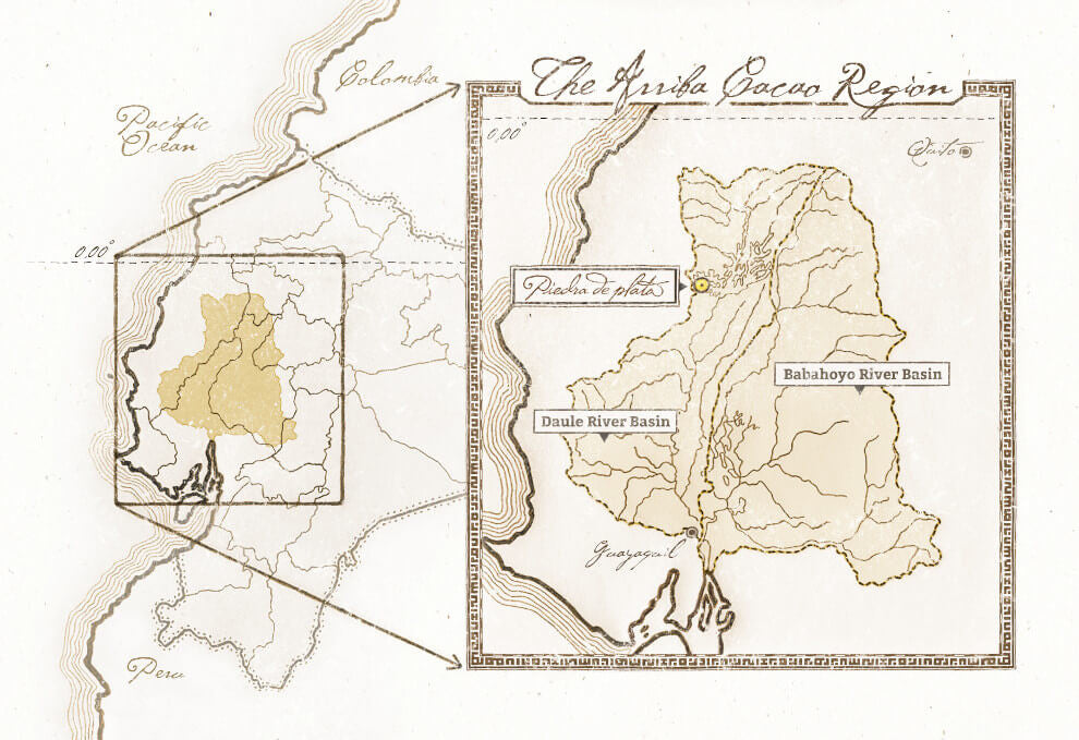 A hand-drawn map of the Arriba Cacao Region