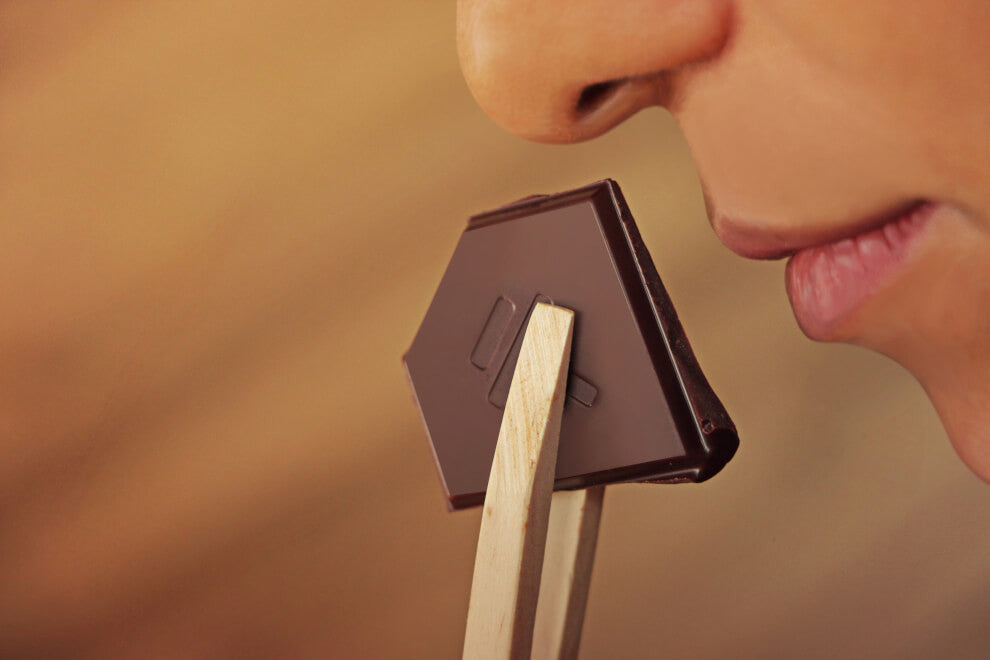 a woman holds a piece of chocolate up to her nose 