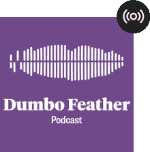 The Dumbo Feather podcast logo - a white feather on a purple background