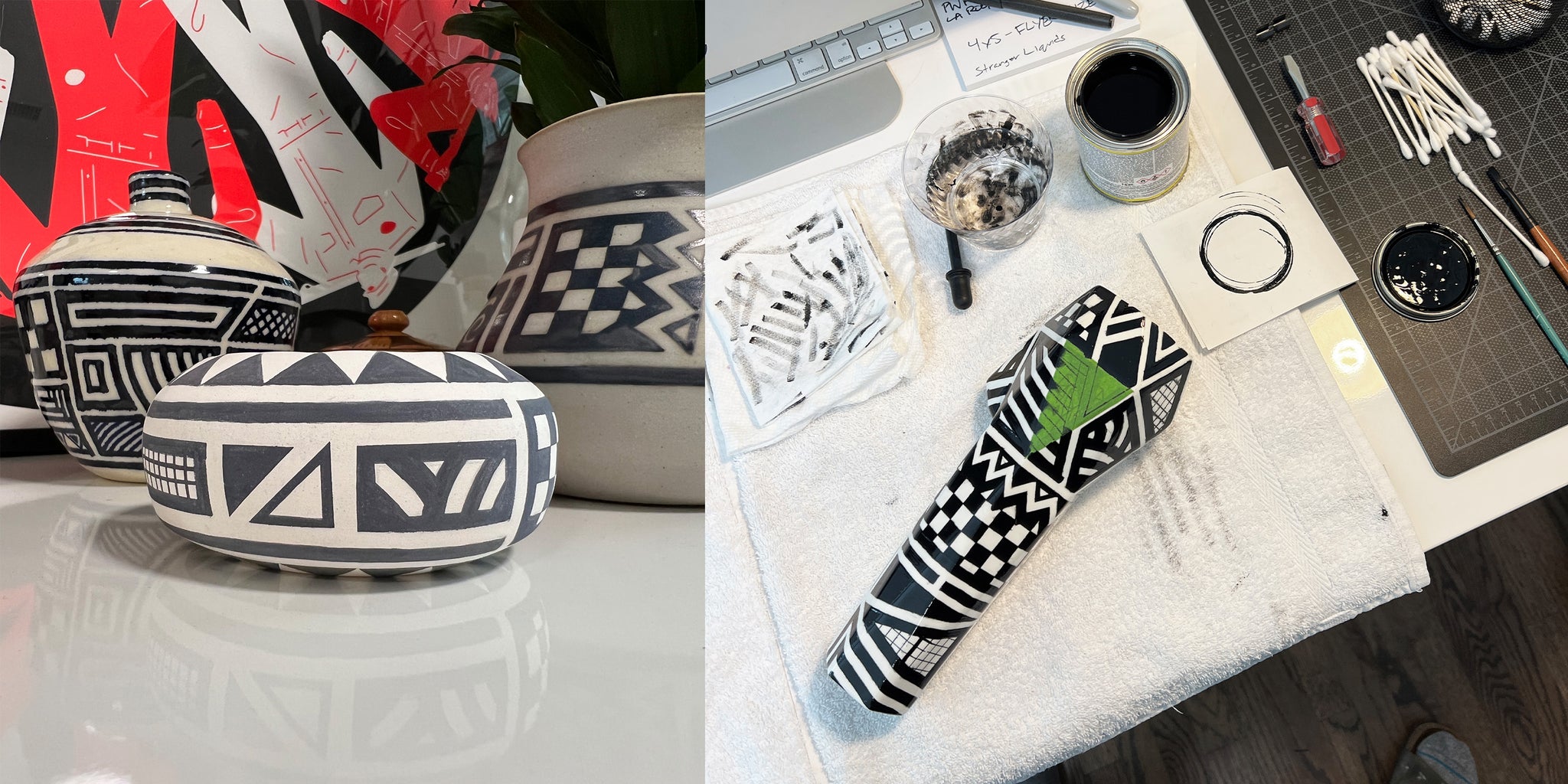 Left Image: Round ceramic bowl with bold black geometric patterning painted on. Right Image: BRNT Designs Ceramic White Hexagon being painted, the photo is a first person perspective view onto a desk. Art work by Devin Agar. 