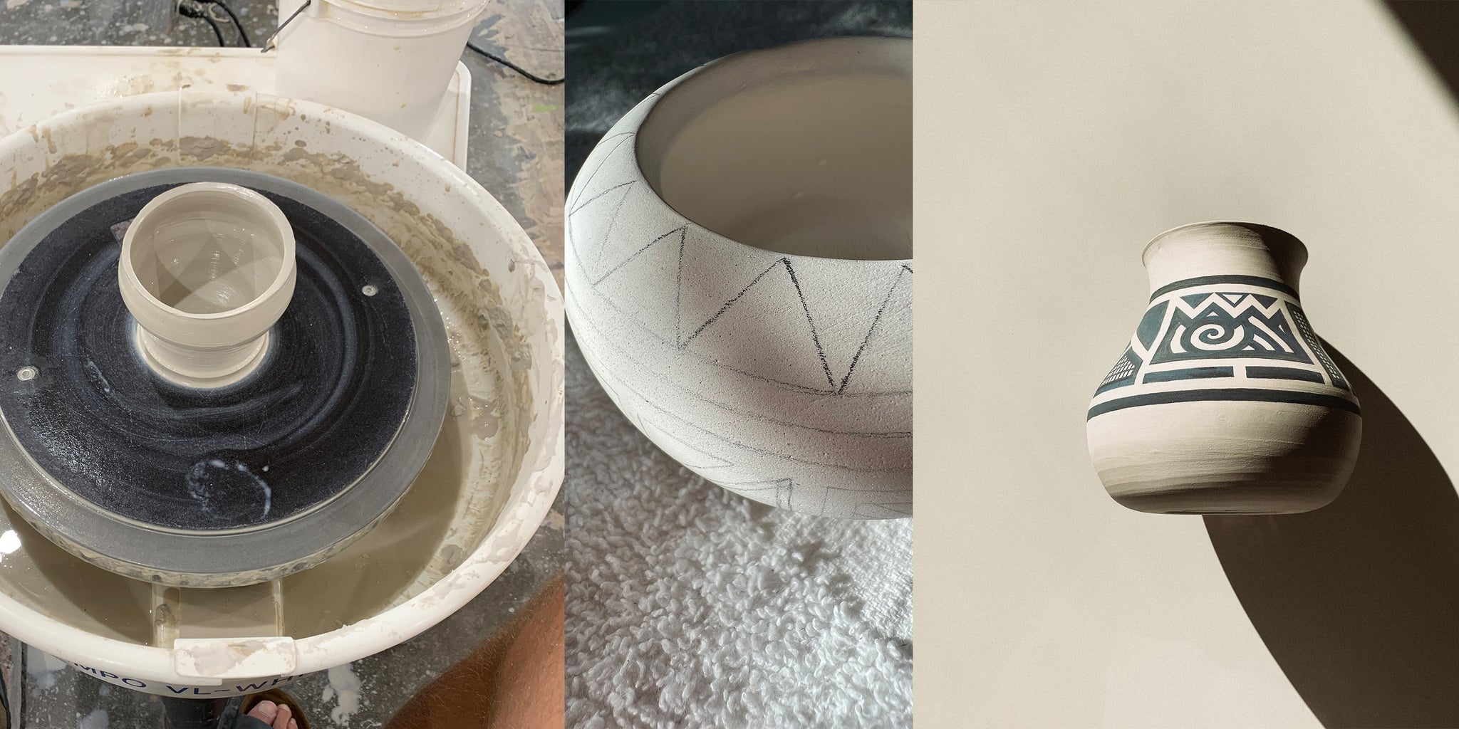  Triptych of Images. Left Image: A first person perspective view of a bowl being made on a pottery wheel. Middle Image: A close up of a ceramic bowl that is unglazed, but has an outline sketch of a geometric pattern on it. Right Image: A ceramic vase bathed in sunshine, the art piece is unglazed but has a strong black geometric painted on it. Art work by Devin Agar. 