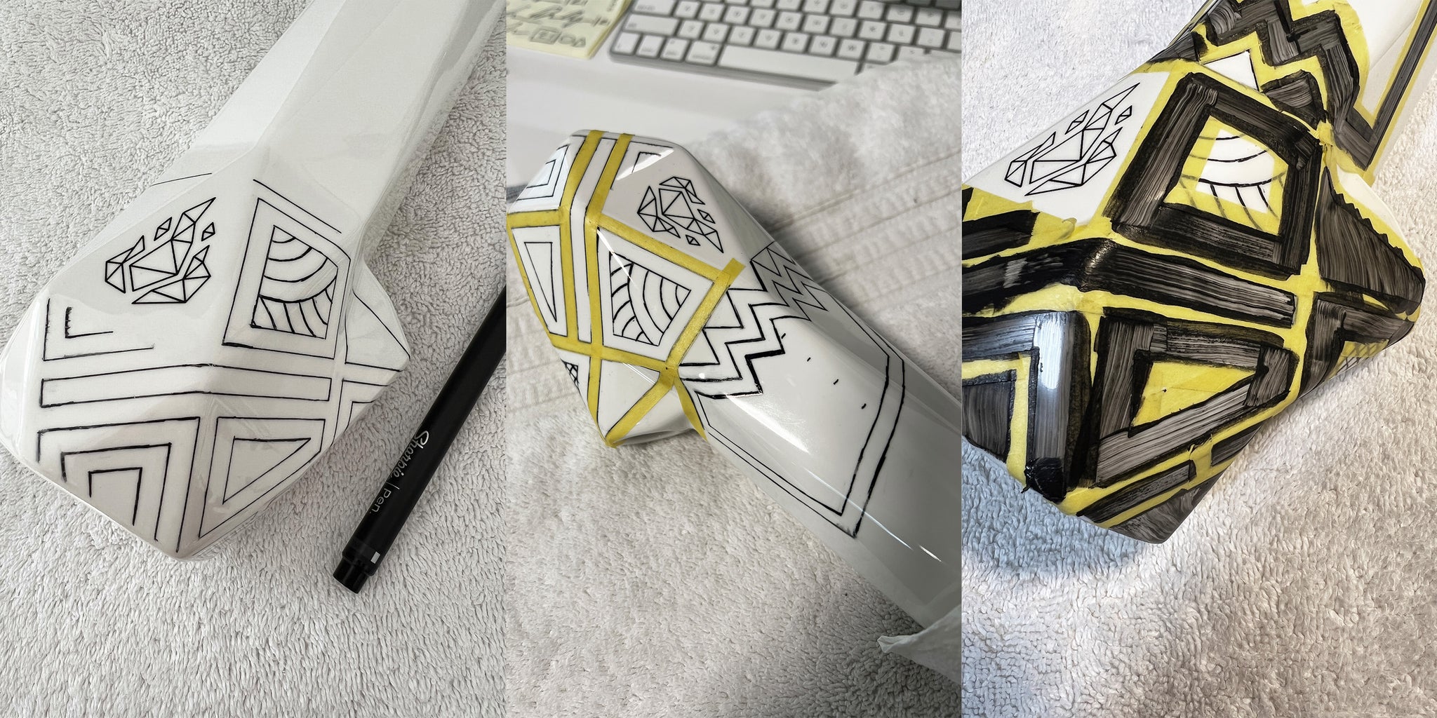 Process photos of painting BRNT Designs ceramic bong. Left Image: White aesthetic bong with drawn on lines to guide the artist's painting, Middle Image: Ceramic geometric bong with tape applied to lines to guide artist Devin Agar when painting the ceramic bong. Right Image: Paint applied to ceramic geometric hexagon bong.  