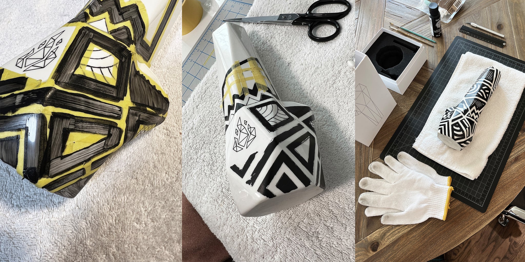 painting a ceramic bong with enamel paint, it is a geometric white bong with black enamel paint 