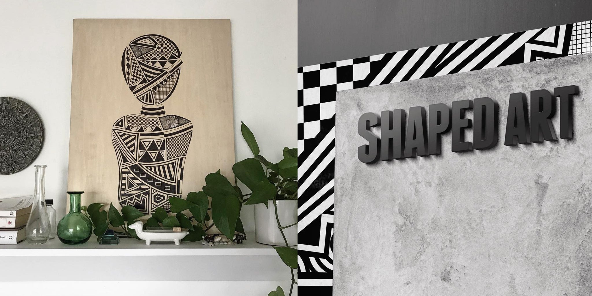 Left Image: Human form painted by using black geometric shapes on top of raw would, it resembles a jigsaw puzzle. Right Image: Logo of Shaped Art by Devin Agar