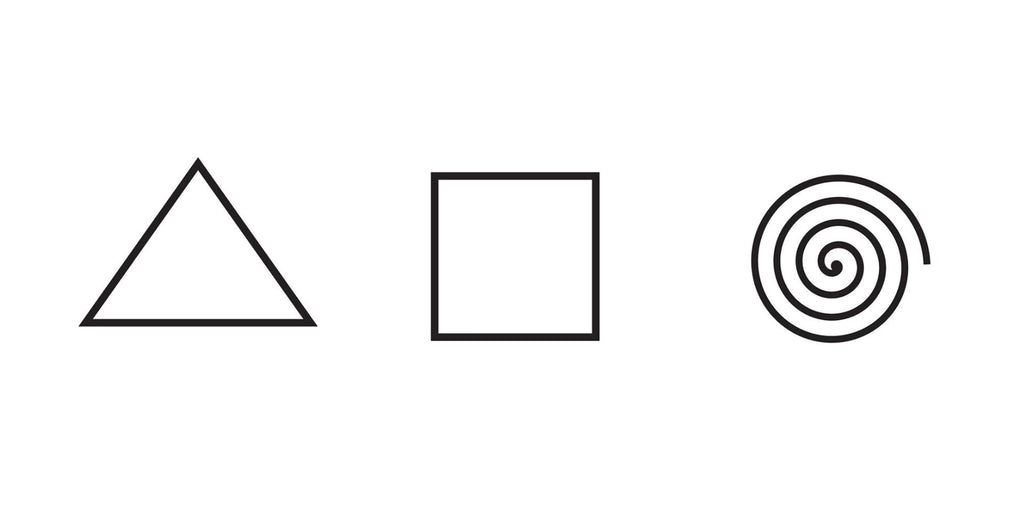 A black triangle, square, and spiral in a row
