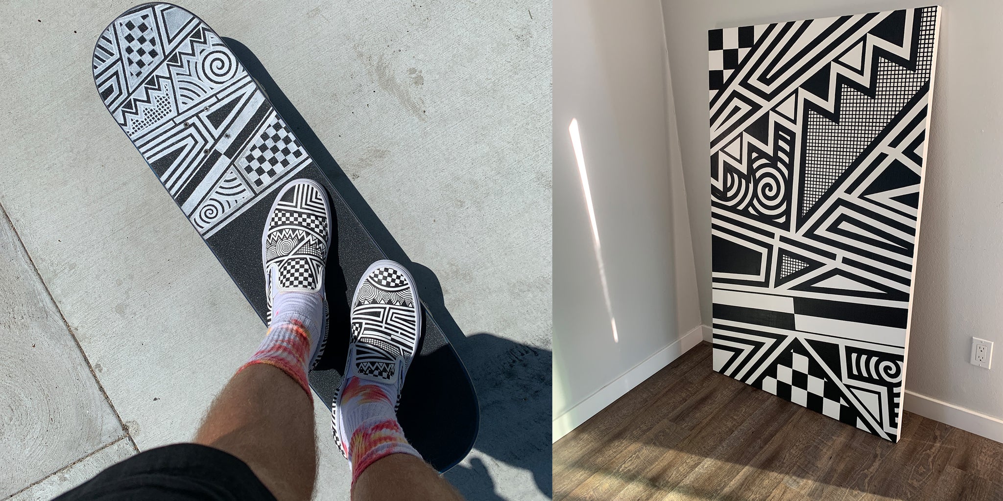Left Image: Downward viewpoint of someone standing on a skateboard wearing custom van shoes that are painted with geometric lines, the skateboard is also custom with matching geometric lines. On the right: A canvas with bold black geometric lines pained on it, the canvas is leaning against a wall. 