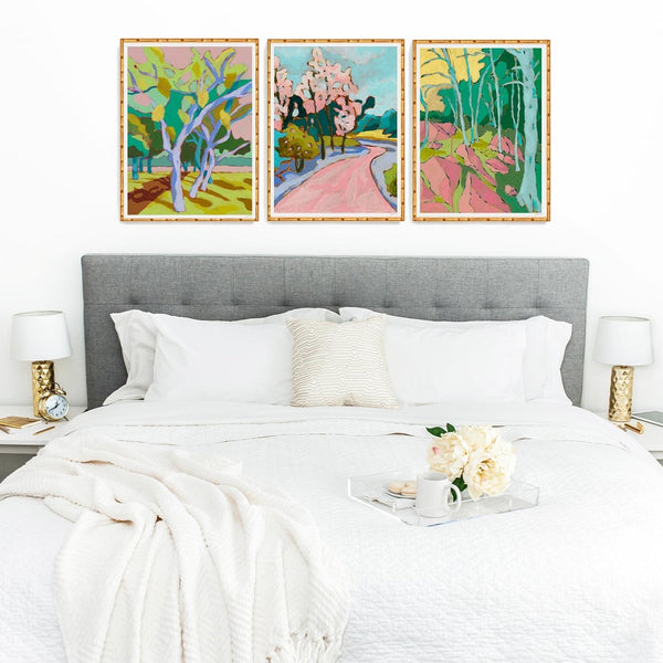 3 prints over bed by jennifer allevato fine art 