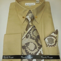 Mens Elegant Beige Tan Fancy Eyelet Cuffed Dress Shirt + Tie Karl Knox 4376 - Nader Fashion Las Vegas