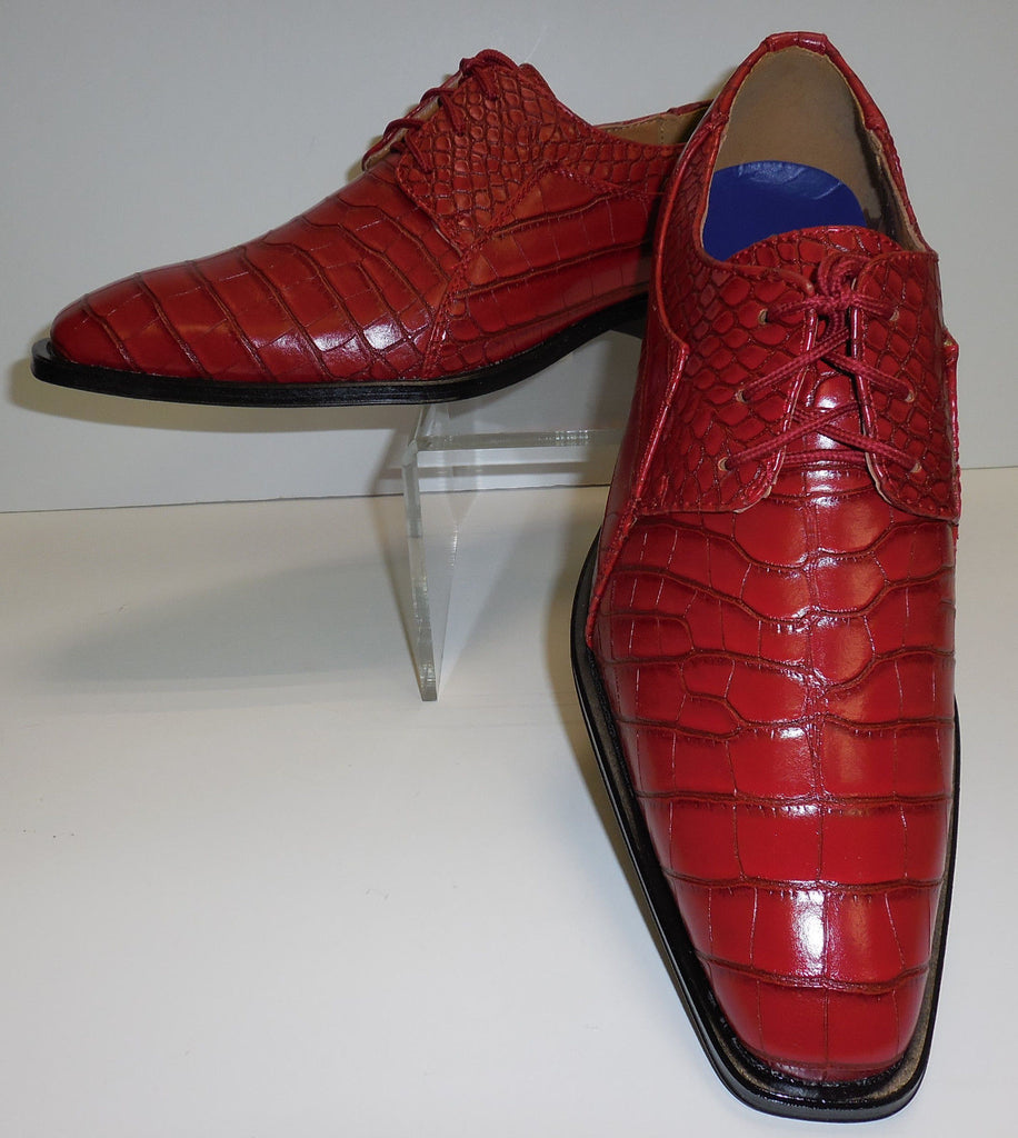 Mens Red Embossed Gator  Look Pointed Toe Dress Shoes  