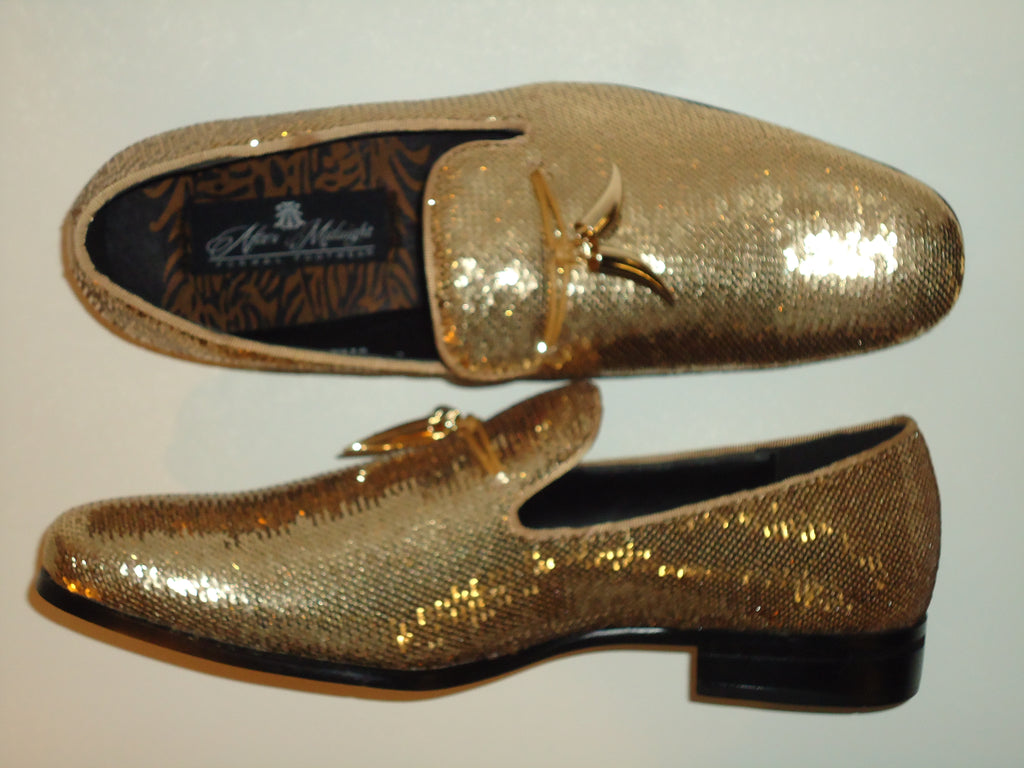 gold sequin loafers