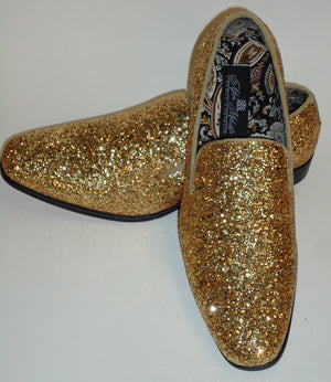 gold glitter loafers