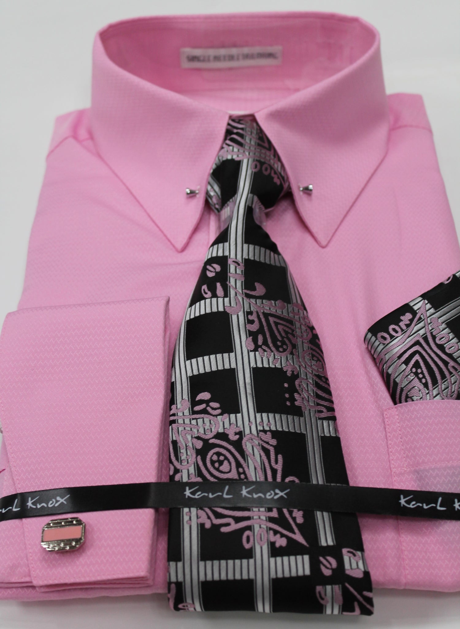 Mens Pretty Pink Eyelet Collar Bar French Cuff Dress Shirt Karl Knox 4 ...