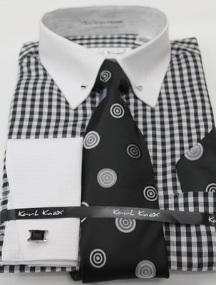Mens Black + White Check Pin Collar Bar Cuffed Dress Shirt Karl Knox 4463 S
