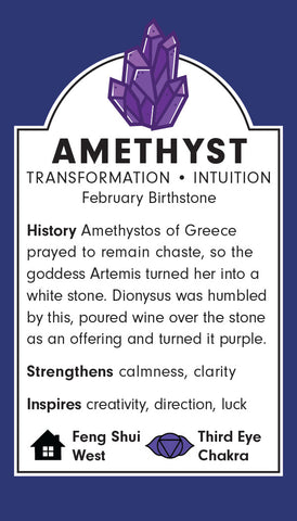 Amethyst crystal magic and gemstone meaning card - The stone of transformation and creativity