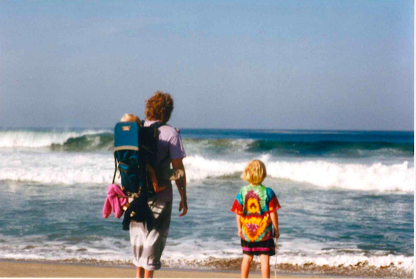 Young Hippie Family on the beach in Thailand in the 1990s