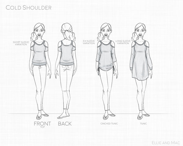 Cold Shoulder Sewing pattern for women line drawing for Ellie and Mac Patterns