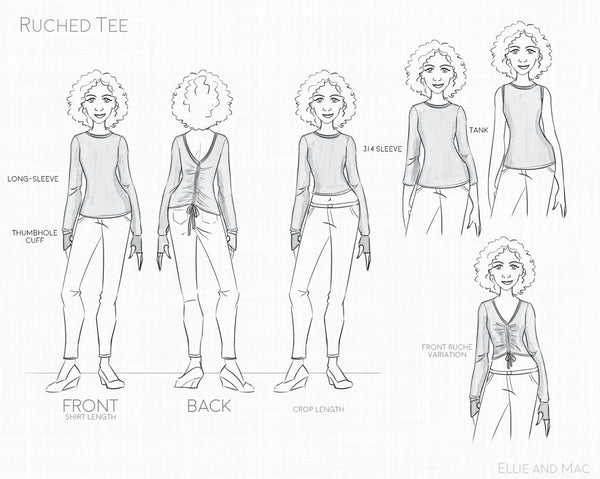 Women's Ruched Tee Sewing Pattern Line Drawing for Ellie and Mac Sewing Patterns