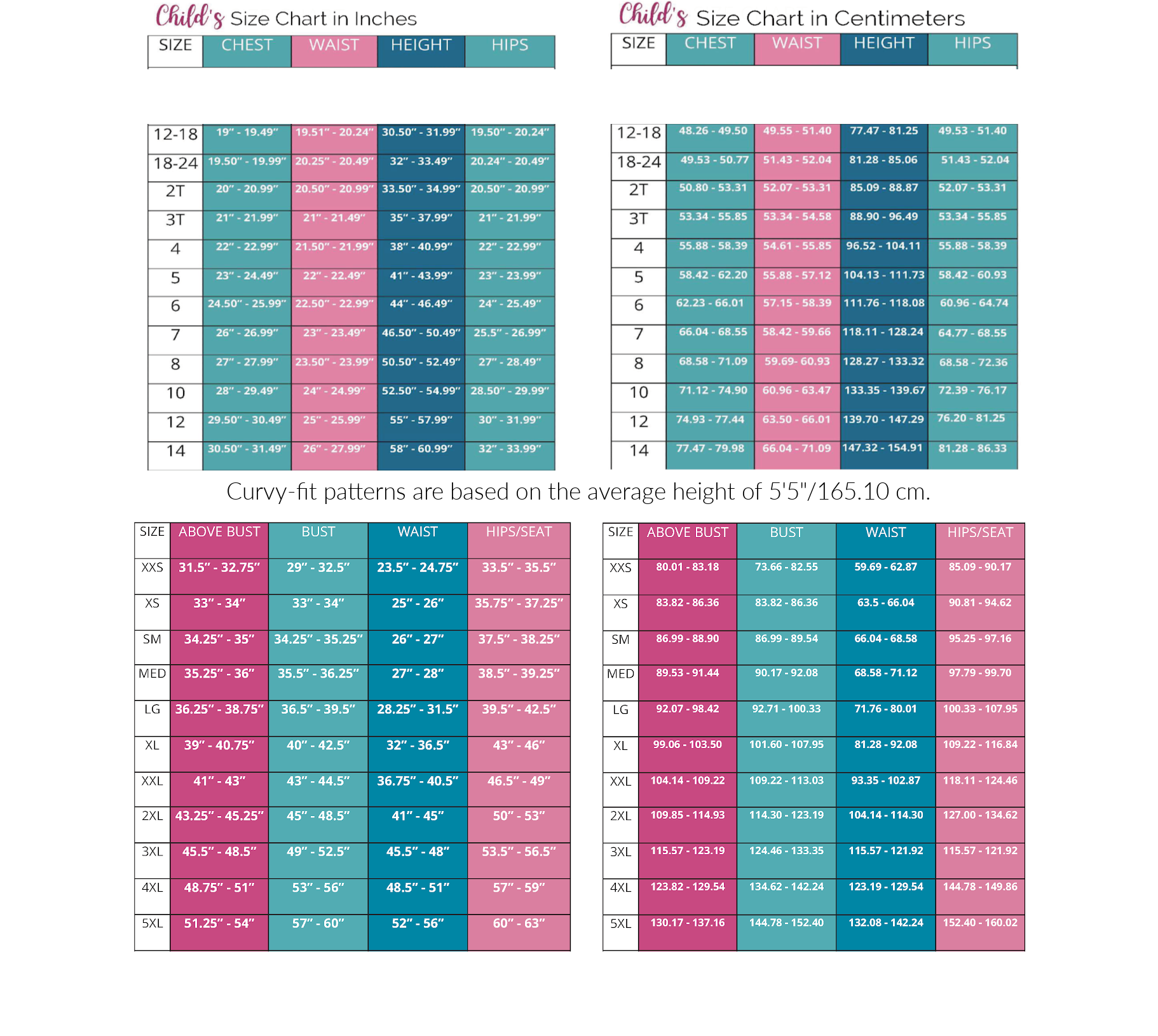 Curvy Fit Size Chart Sewing Pattern by Ellie and Mac PDF sewing patterns - Best Sewing Patterns