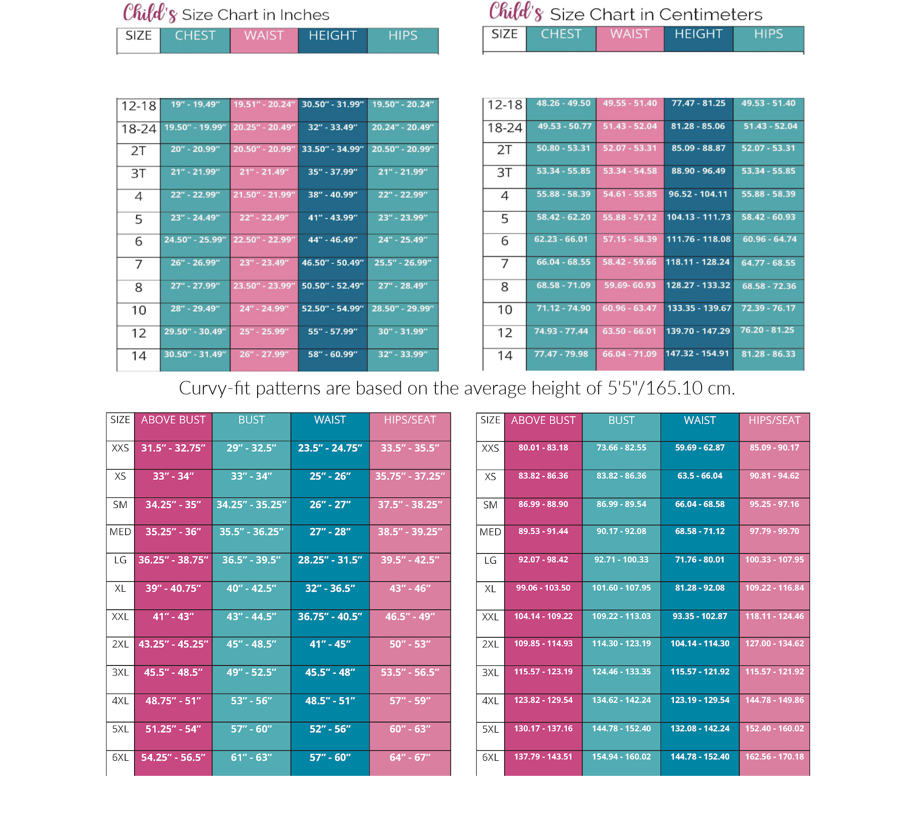 Curvy Fit Size Chart Sewing Pattern by Ellie and Mac PDF sewing patterns - Best Sewing Patterns