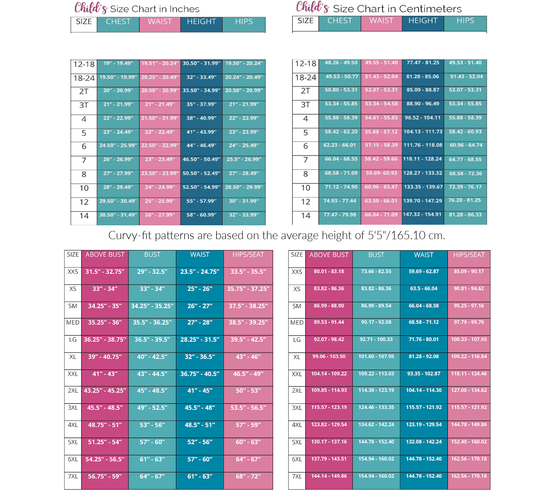 Curvy Fit Size Chart Sewing Pattern by Ellie and Mac PDF sewing patterns - Best Sewing Patterns