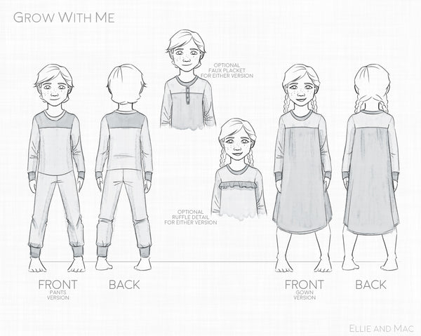 Free Grow With Me Pajama Sewing Pattern for girls and boys by Ellie and Mac Sewing Patterns