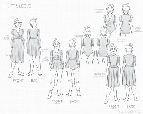 Puff Sleeve Peplum, Dress, and Bodysuit Sewing Pattern by Ellie and Mac Sewing Patterns