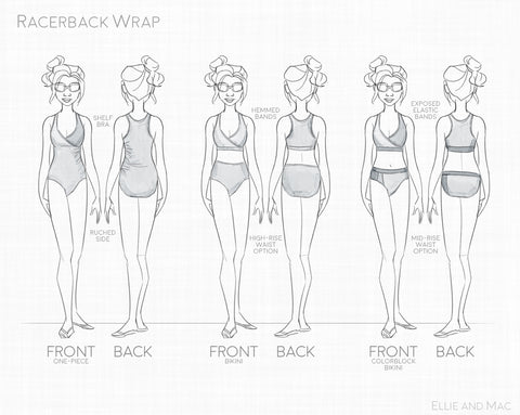 Racerback Wrap Swimsuit Bikini and One Piece Sewing Pattern by Ellie and Mac Sewing Patterns