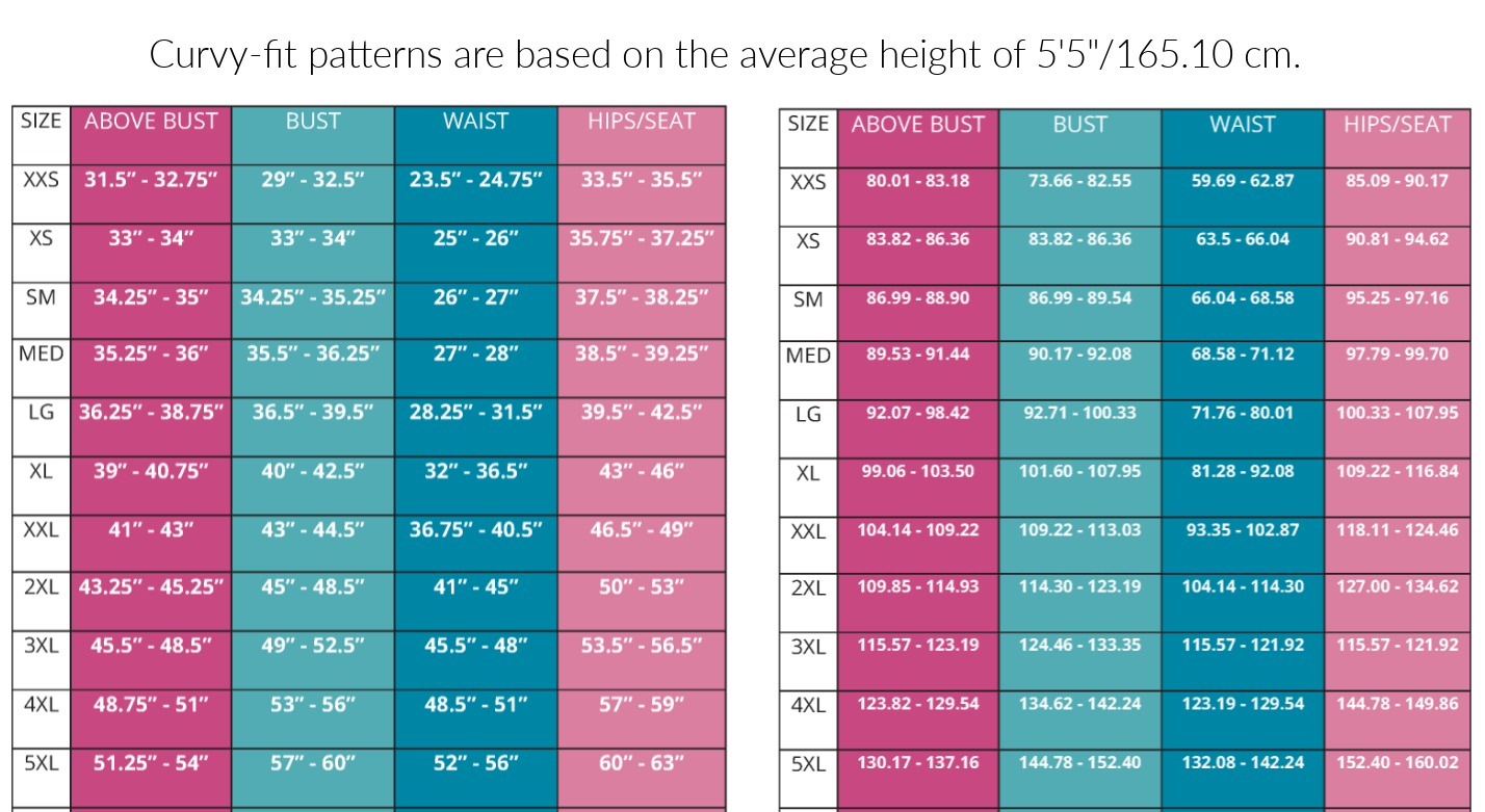 Curvy Fit Size Chart Sewing Pattern by Ellie and Mac PDF sewing patterns - Best Sewing Patterns