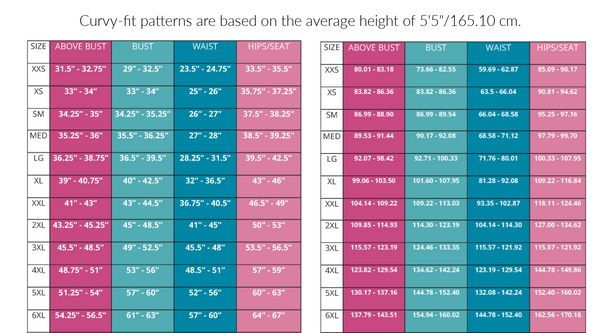 Curvy Fit Size Chart Sewing Pattern by Ellie and Mac PDF sewing patterns - Best Sewing Patterns