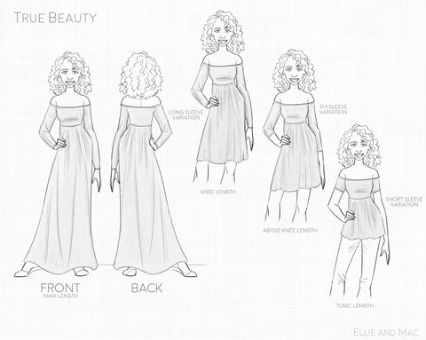 True Beauty Pattern Line Drawing for Ellie and Mac Sewing Patterns