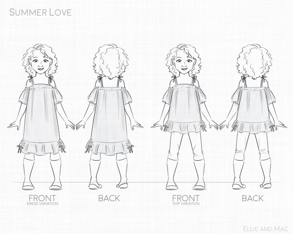 Summer Love Dress and Top Line Drawing for Ellie and Mac Sewing Patterns