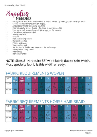 Be Amazing Fabric Requirements Chart and Supplies List