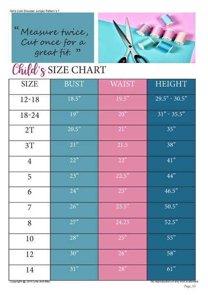 Cold Shoulder Jumper Size chart for Ellie and Mac Sewing Patterns