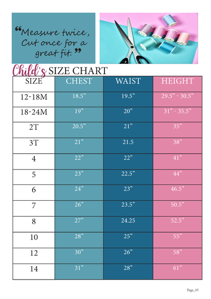 Size Chart for Ellie and Mac Sewing Patterns