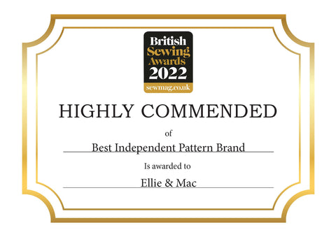 Ellie and Mac Best Independent Sewing Pattern Brand by the British Sewing Awards 