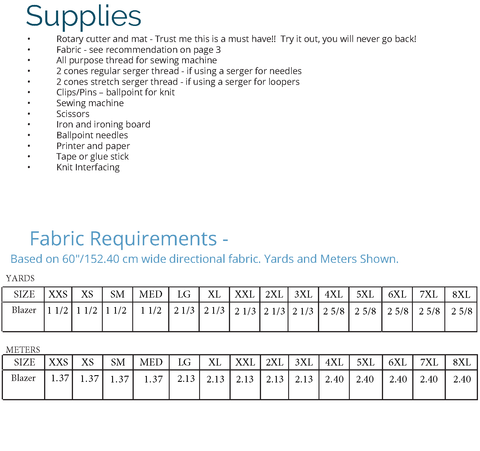 Established Cascading Blazer Sewing Pattern Fabric Requirement Chart