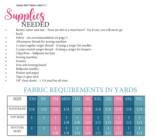 Jersey Skirt Adult Fabric Requirements Chart for Ellie and Mac Sewing Patterns