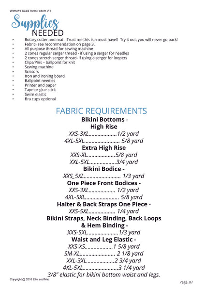 Women's Oasis Swimsuit Fabric Requirements Chart for Ellie and Mac