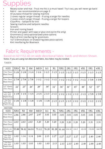 Adult Essential Dolman Dress size chart by Ellie and Mac Patterns