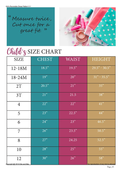 Reversible Dress Sewing Pattern Size Chart for Ellie and Mac Patterns