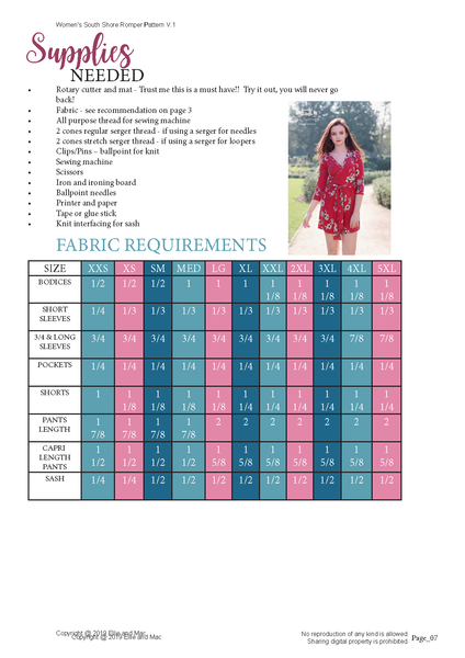 South Shore Fabric Requirements Chart for Ellie and Mac Sewing Patterns