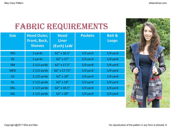 Women's Jacket Stay Cozy Fabric Requirements Chart