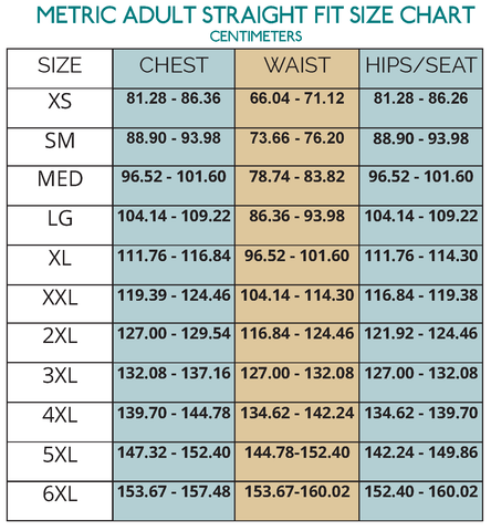 Straight Fit Size Chart XS - 6XL Metric for Ellie and Mac Sewing Patterns