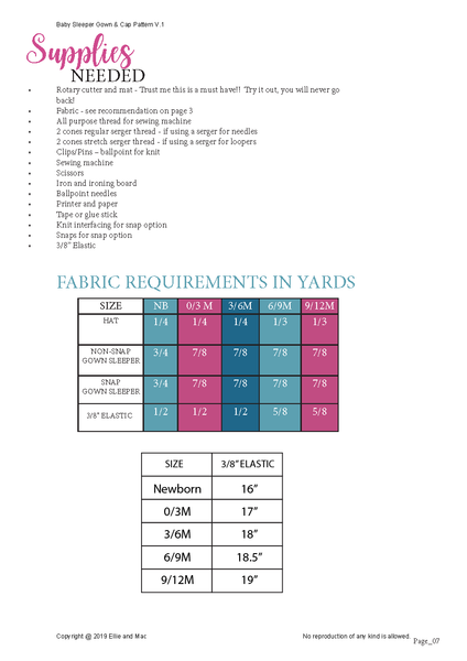 Baby Sleeper gown pattern Fabric Requirements for Ellie and Mac Sewing Patterns