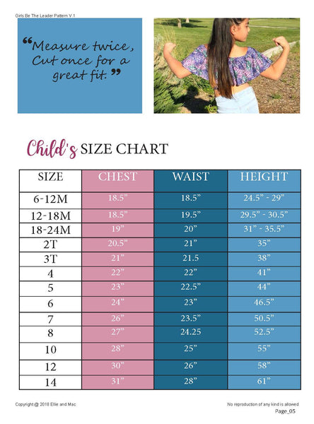 Girls Be The Leader Pattern Size Chart for Ellie and Mac Sewing Patterns