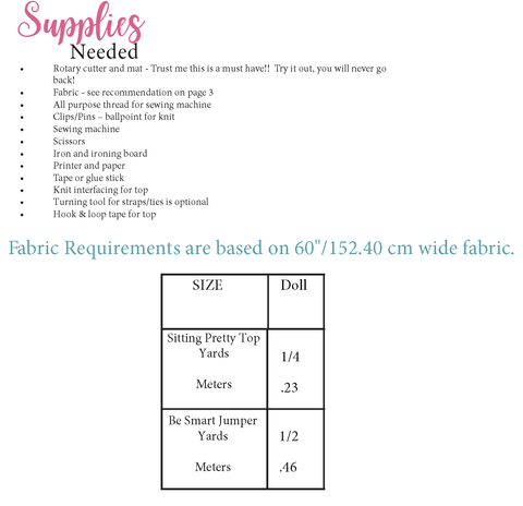 Doll sewing pattern fabric requirements chart for trendy sewing patterns