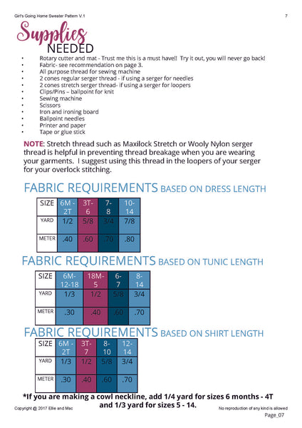 Going Home Fabric Requirements Chart