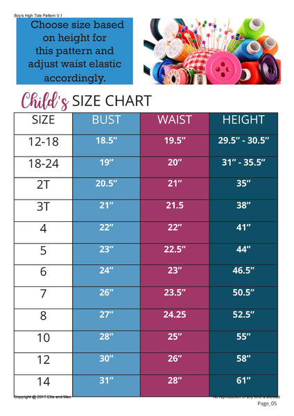 High Tide Boy's Swim Pattern Size Chart for Ellie and Mac Sewing Patterns