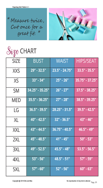 Paperbag Skirt Sewing Pattern Size Chart by Ellie and Mac Sewing Patterns
