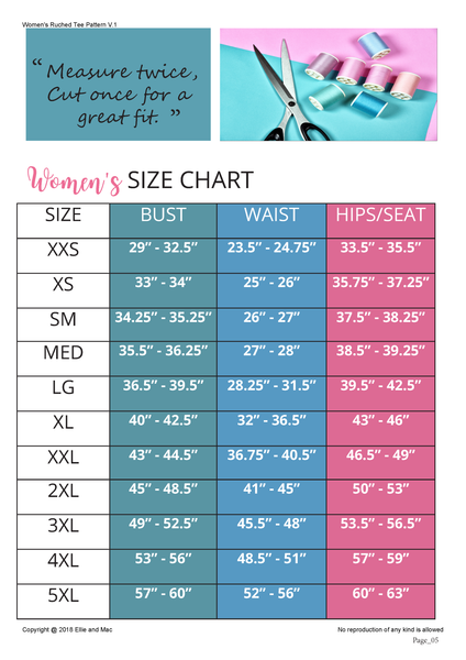 Ruched Tee Sewing Pattern for Women Size Chart for Ellie and Mac Sewing Patterns